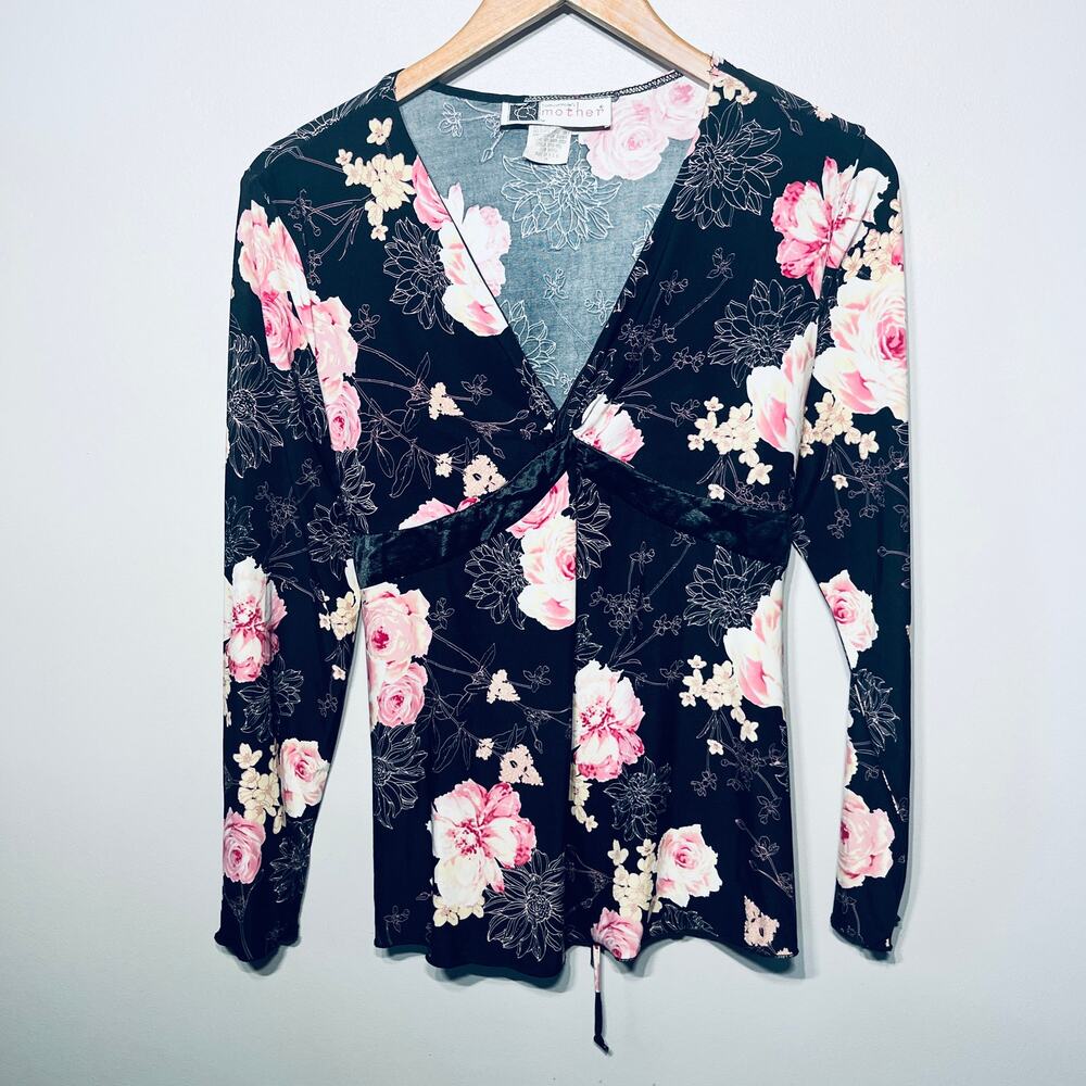 Tomorrow's Mother Tunic Top VTG Y2K BabyDoll Black Pink Floral Coquette Tie M